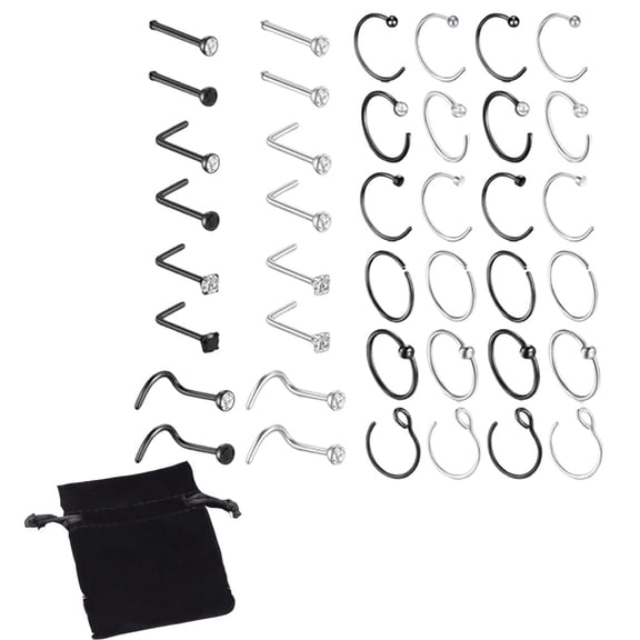 40 Pcs 18G Nose Ring Studs Kit Surgical Steel Hypoallergenic L Shape & C Hoop Piercing Jewelry for Men Women Daily Party Gift