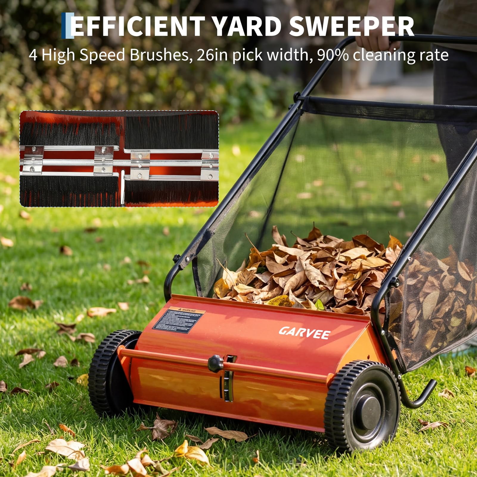 26 Inch Push Lawn Sweeper, 7 Cu. ft Grass Cutter, 4 High-Speed Spinning Brushes, Durable Steel Construction, Walk-Behind Leaf & Grass Collector for Yard Cleanup,Orange
