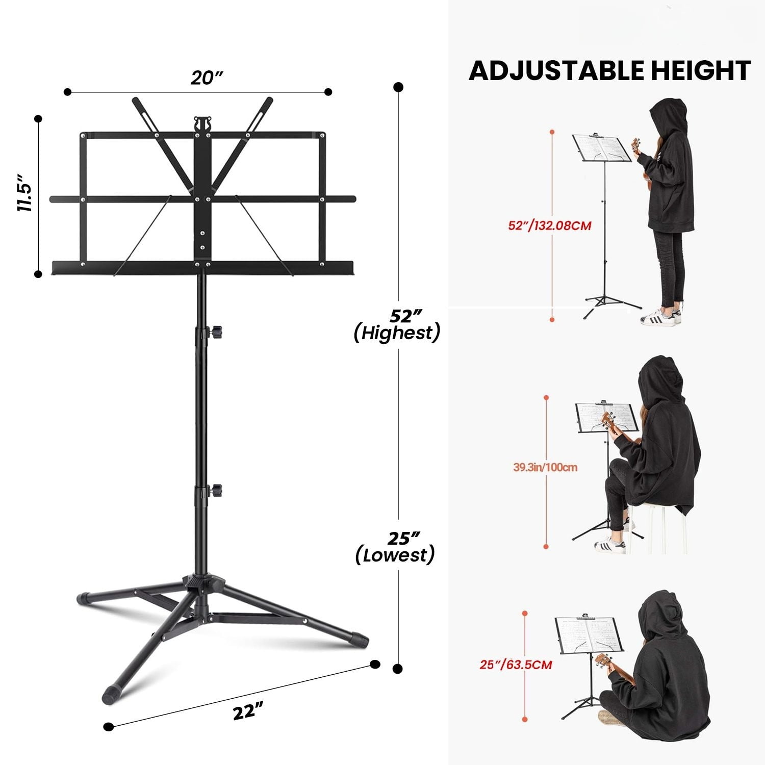 Black Portable Music Stand, Adjustable and Foldable Desktop Bookshelf, Sturdy and Stable, with Anti-slip Pads, Equipped with Storage Bag, Suitable for Schools and Choirs.