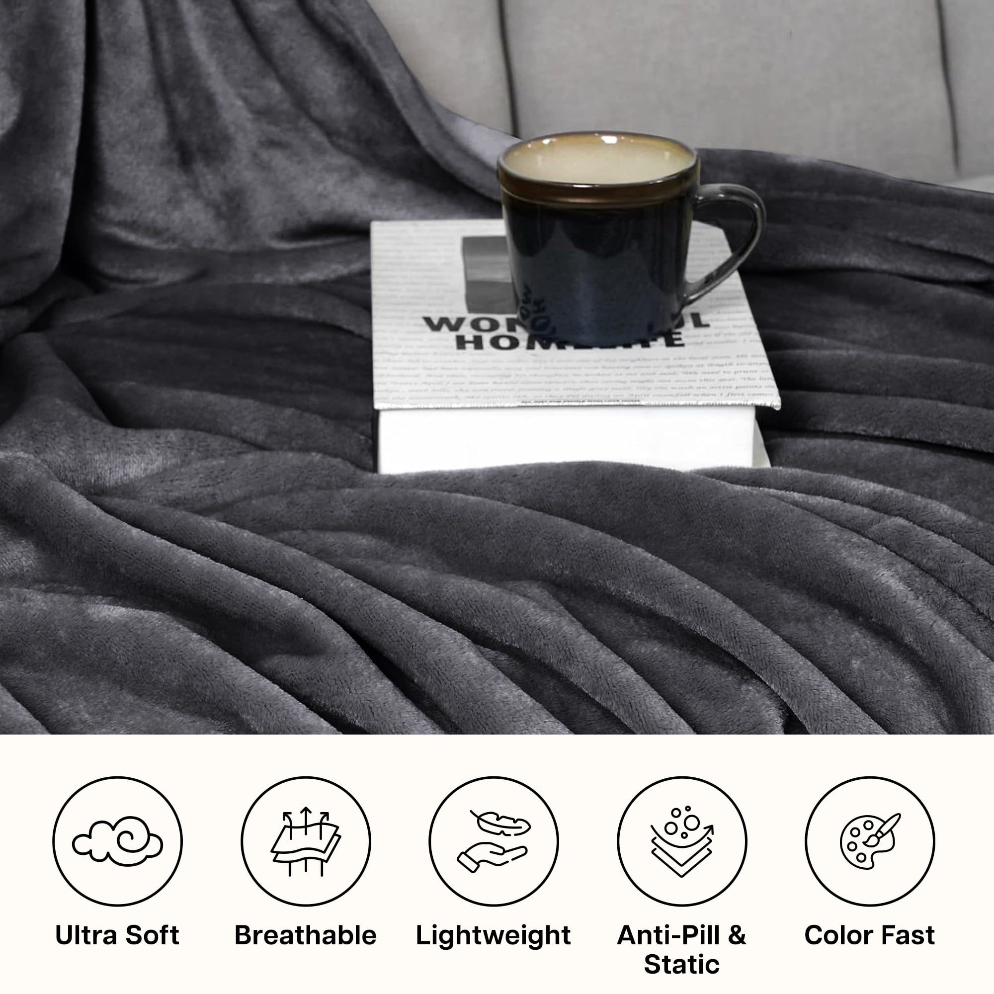 IR Imperial Rooms Flannel Fleece Bed Blanket 310 GSM Microfiber Lightweight Warm Fluffy Cozy Plush Adult Gray Queen Size
