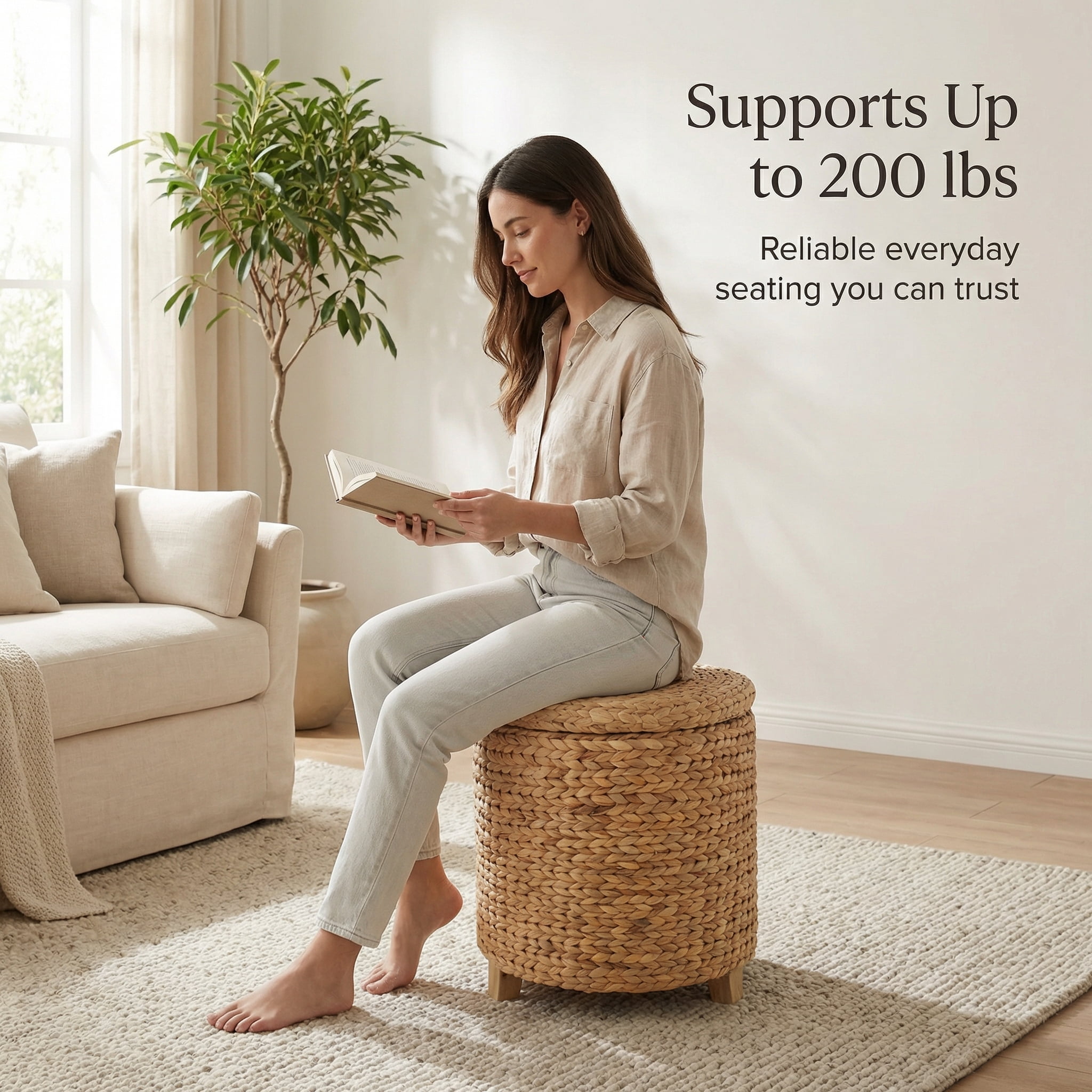 DEILSY Natural Water Hyacinth Round Storage Ottoman with Removable Lid, Fabric Liner & Wooden Feet – Handwoven Footstool Ottoman for Living Room, Bedroom & Entryway