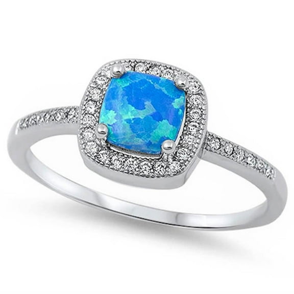 Square Simulated Opal Clear CZ Classic Ring Sterling Silver Size 6