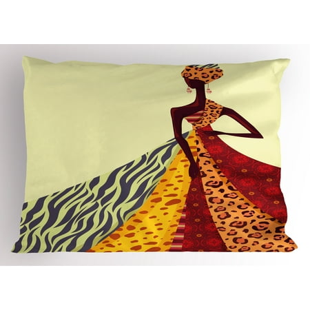 Modern Pillow Sham African Girl Posing with a Dress of Different Design Patterned Image Artful Print, Decorative Standard Queen Size Printed Pillowcase, 30 X 20 Inches, Multicolor, by