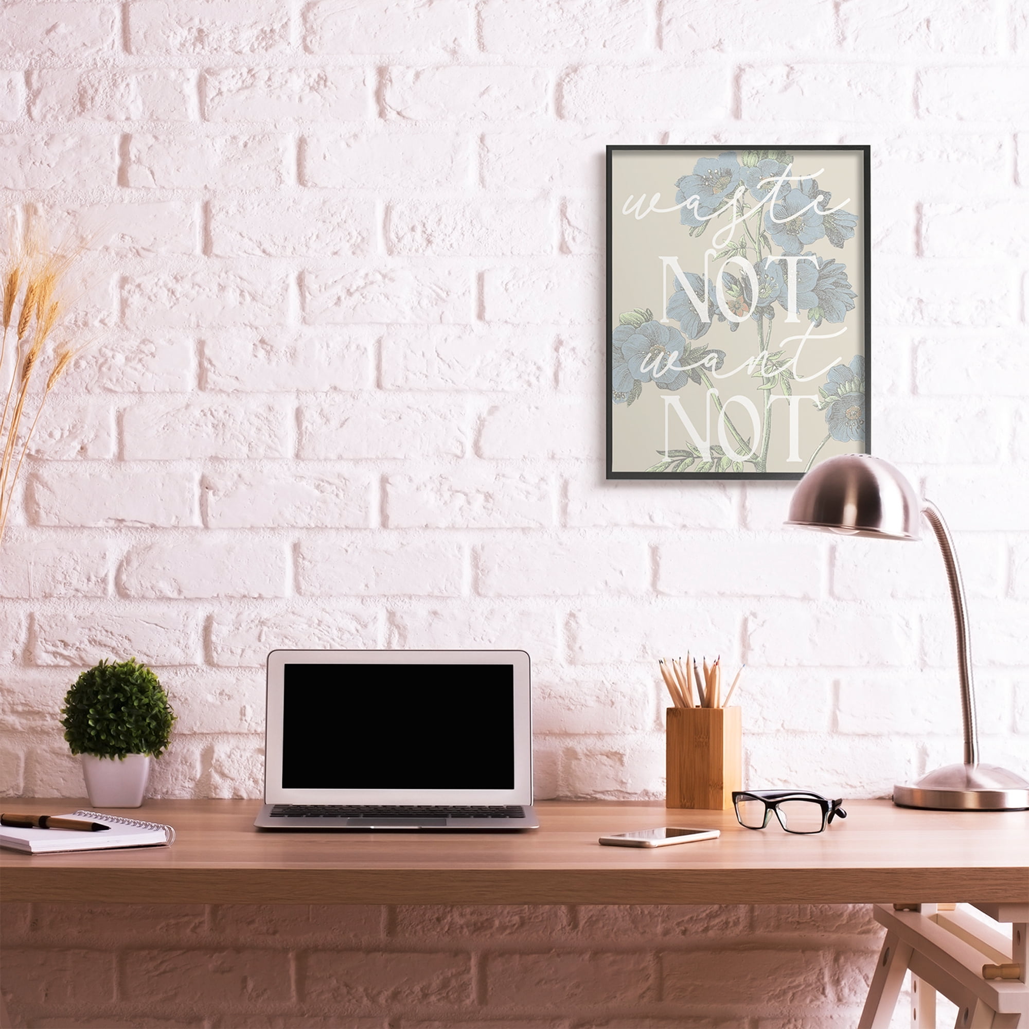 Stupell Industries Waste Not Want Not Quote Blue Botanicals Graphic Art Black Framed Art Print Wall Art, 24x30, by Daphne Polselli