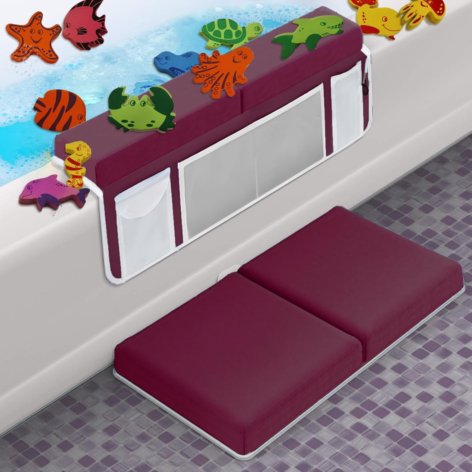 Bath Kneeler –8 Suction Cups & 1.5" Padding.Certified Non Toxic Bath Kneeling Pad for Bath Tub & 5 Bath Toy Organizer. Fast Dry Baby Bath Kneeler and Elbow Rest Pad Set by -Bordeaux