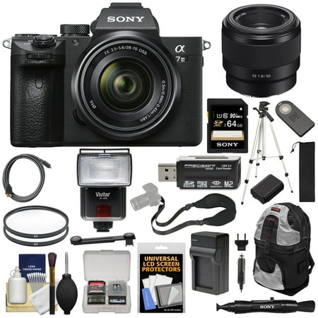 Sony Alpha A7 III 4K Digital Camera + 28-70mm + FE 50mm f/1.8 Lens + 64GB Card + Battery + Charger + Tripod + Flash + Backpack