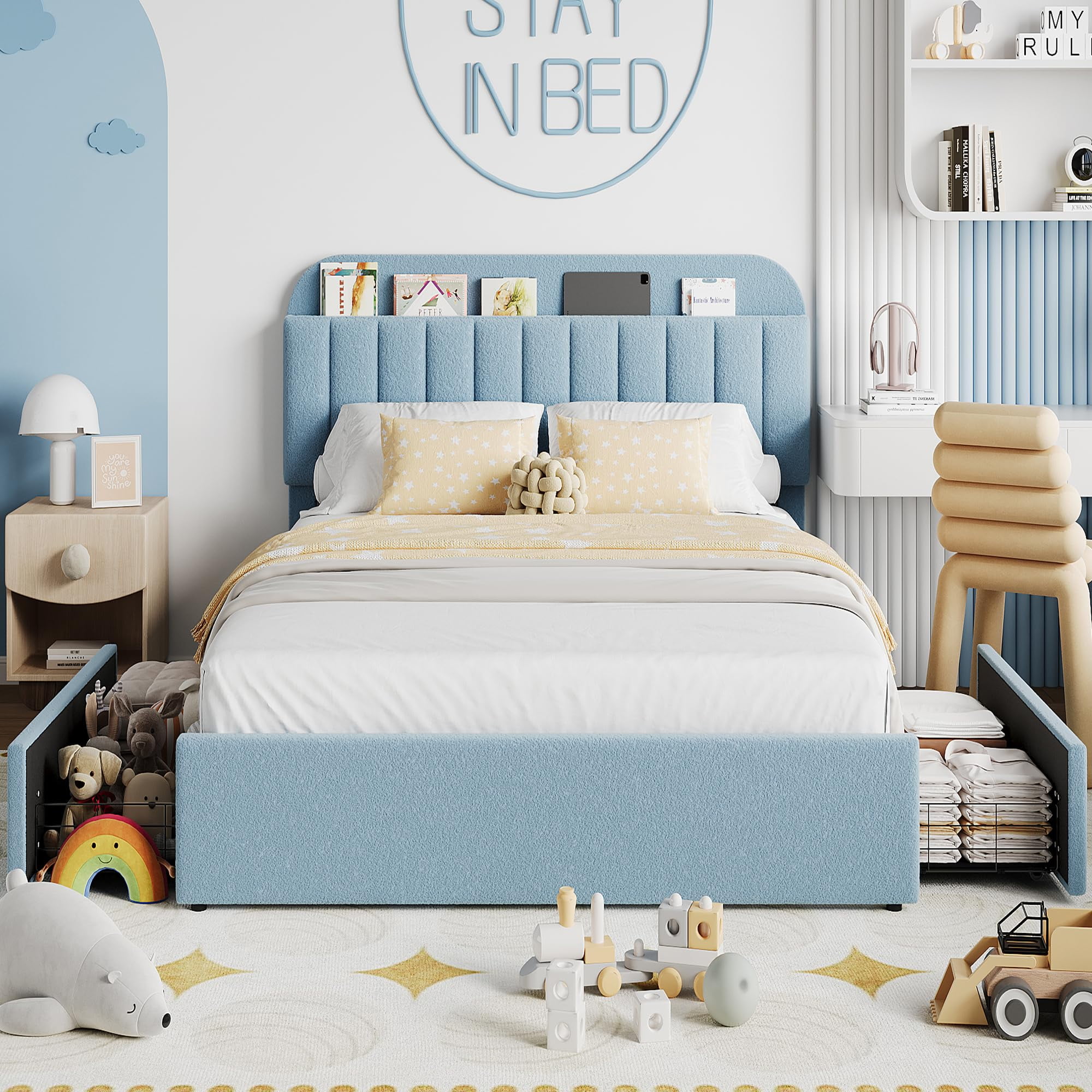 Upholstered FULL Platform Bed, FULL Size Bed Frame with Storage Underneath and Headboard, Wood Platform Bed for Bedroom (Blue)