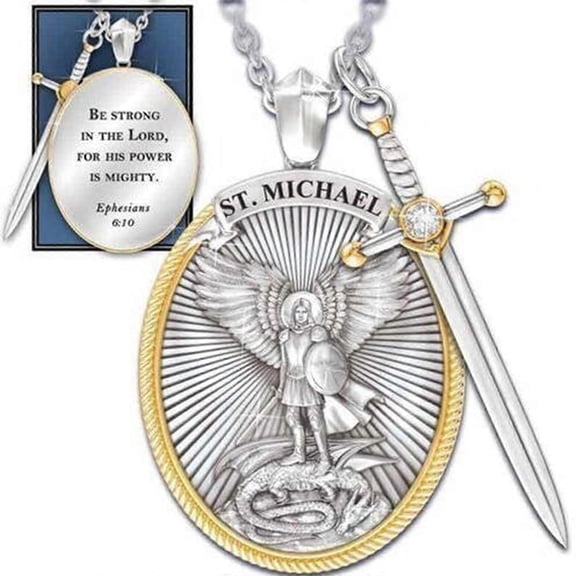 2023 Catholic Patron The Archangel St. Michael Pendant Necklace Cz Sword Lord Prayer