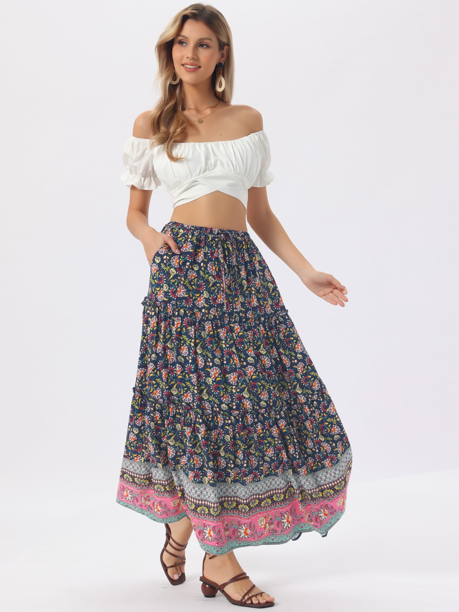 DARING DIVA Women's Floral Ruffle A Line Tiered Maxi Skirts Medium Dark Blue