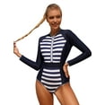 thumbnail image 1 of Charmo Womens Stripe Rash Guard One Piece Swimsuit Long Sleeve Zip Up Swimwear, 1 of 6
