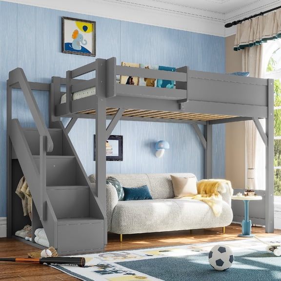 Twin Size Loft Bed Frame with Built-in Wardrobe and Storage Space, Solid Wood Loft Bed with Beside Shelves and Full-length Guardrails for Bedroom, Apartment, Space Saving, Mattress Not Included, Grey