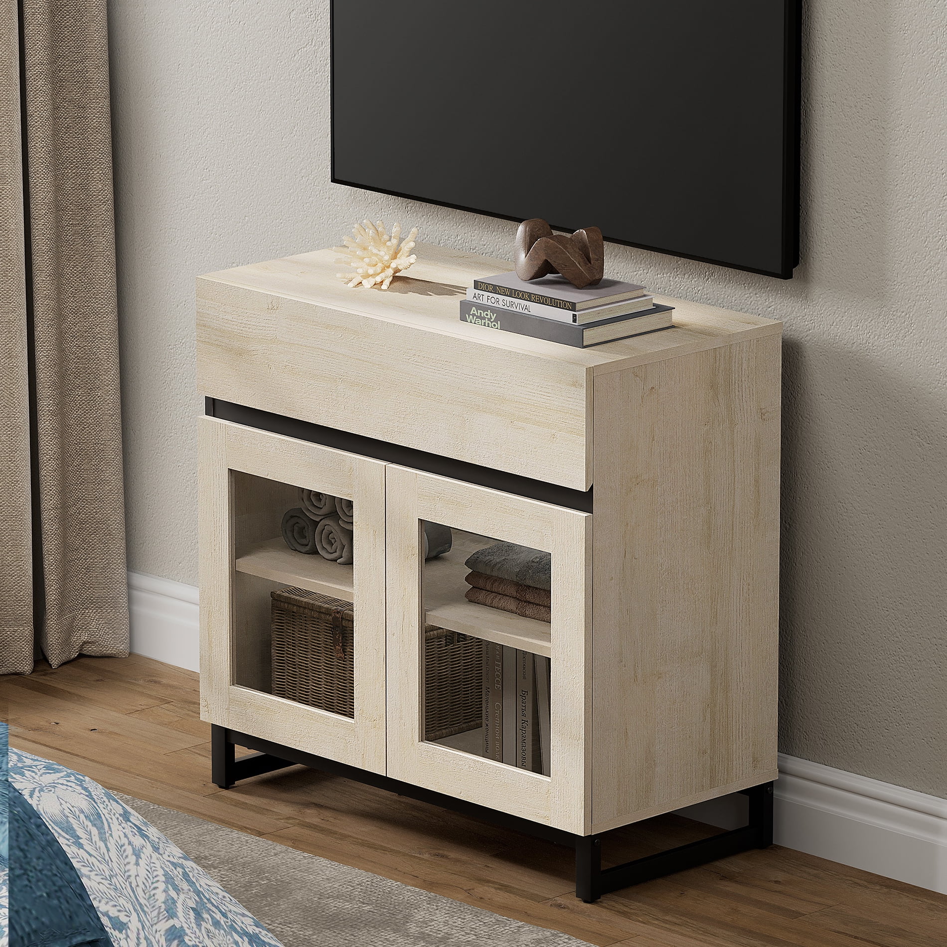 WAMPAT 3-in-1 Modern TV Stand for TVs up to 100 Inch, Glass Doors & 1 Drawer Entertainment Center, Media Console with Adjustable Shelf for Living Room & Bedroom