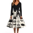 thumbnail image 4 of Halloween Dresses for Women Bat Ghost V Neck 1950s Cocktail Vintage Tea Length Dress Long Sleeve Hepburn Cute Classic Dresses with Belt S, 4 of 5