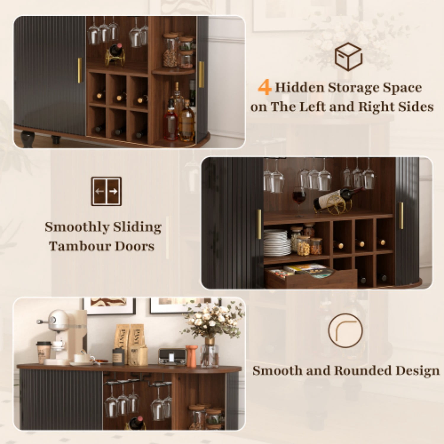 39" Fluted Wine Bar Cabinet, Mid-Century Modern Liquor & Coffee Station with 6 Wine Racks, Glass Holders, Drawer & Side Storage, Black
