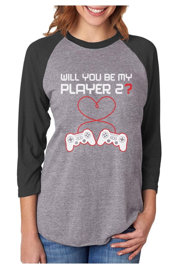 Womens Valentine's Day Love Video Gamer Shirt Player Cute Gift Idea for Her Wife 3-4 Women Sleeve Baseball Jersey Shirt