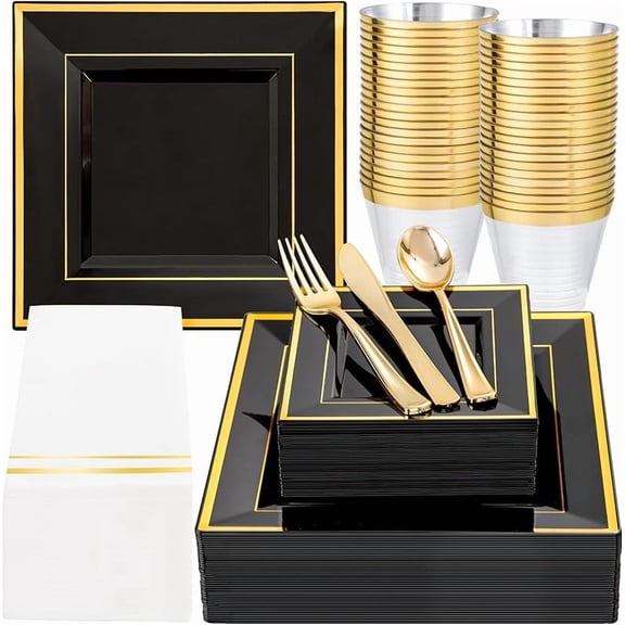 MY 350Pcs Black and Gold Plastic Plates-50Guests Disposable Square Black Dinnerware Set include 100 Plastic Plates,50Cups,150Plastic Cutlery,50Napkins for Party &Wedding&New Year