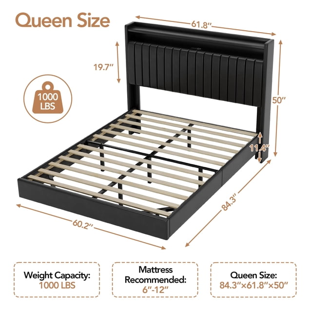 EDTara Floating Bed Frame with LED Lights & Charging Station, Upholstered Leather Platform Bed Frame with Headboard, 50" Tall Floating Bed with Stable Structure, No Box Spring Needed