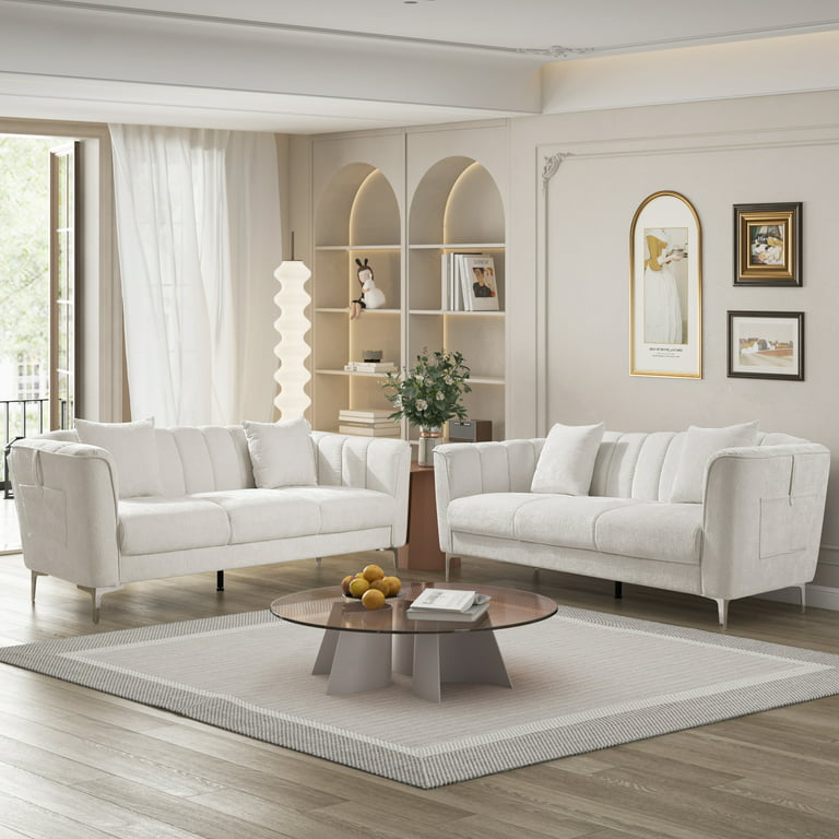 Homfa White Sofa And Couch 77 2 Modern Chenille With Armrests Wood Pocket Stainless Steel Legs Com