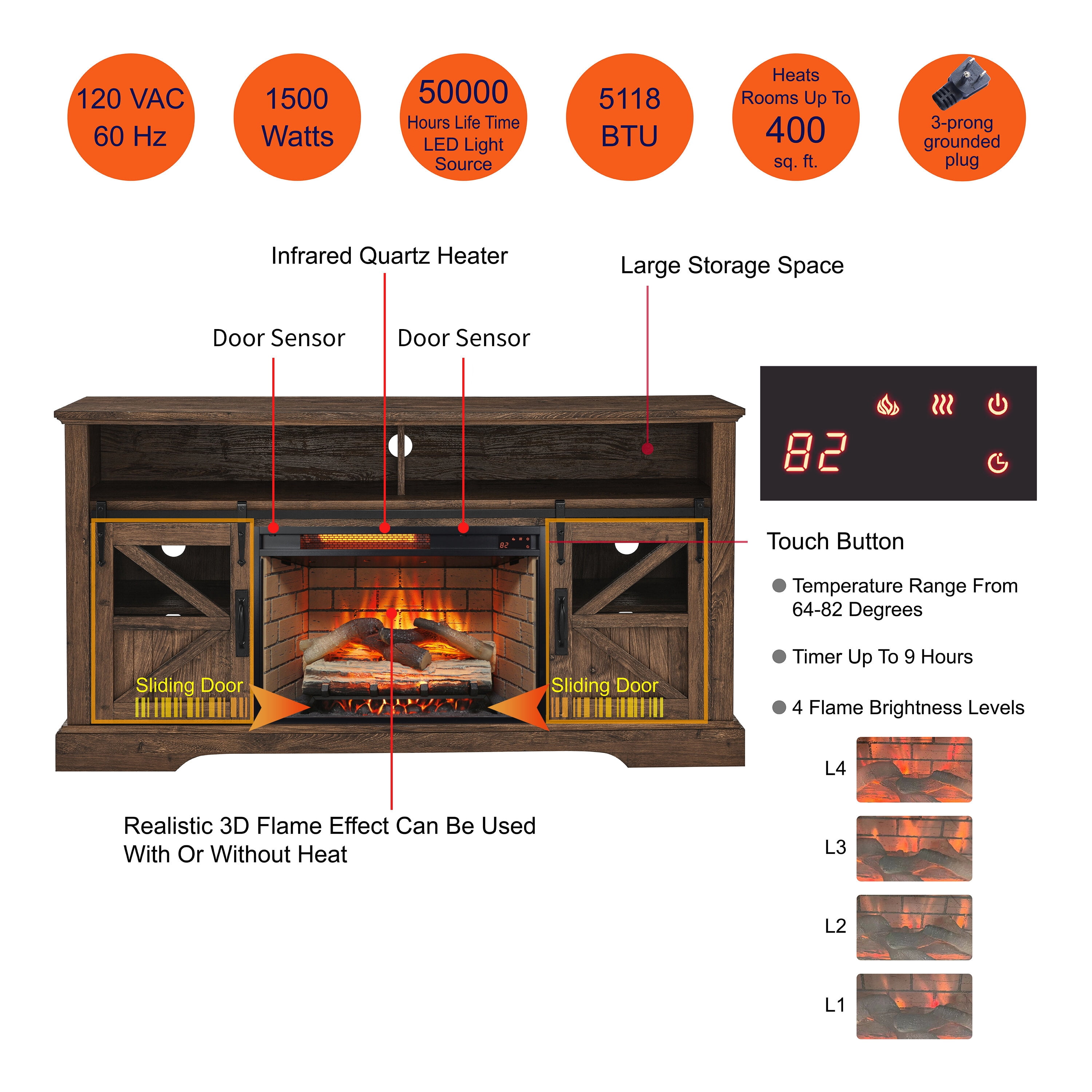 Indoor Fireplace 60 Inch Electric Fireplace Entertainment Center With Door Sensor-Reclaimed Barnwood Color,Fireplace Accessories