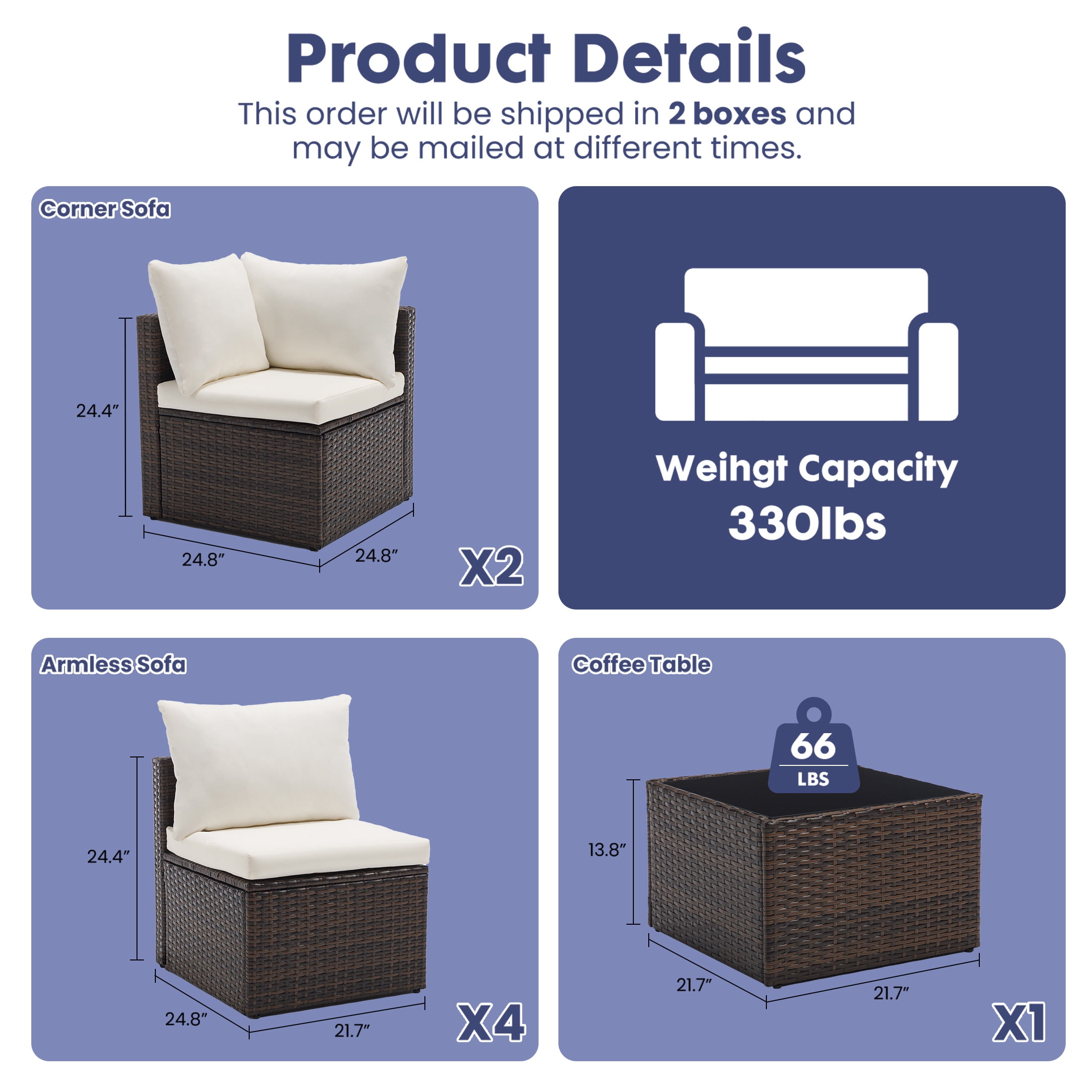 EDX 7 Piece Outdoor Wicker Patio Furniture Set, PE Rattan Sectional Conversation Set with Tempered Glass Coffee Table, Washable Cushions & Pillows for Backyard, Garden, Poolside, Brown