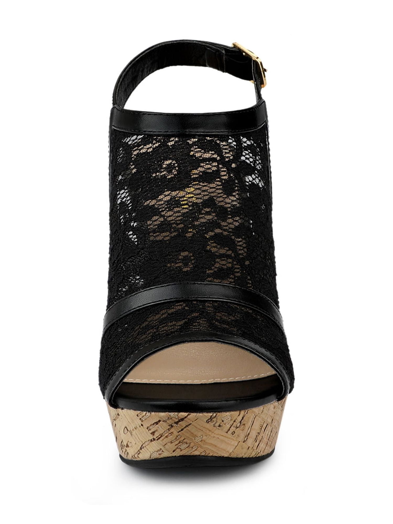 DARING DIVA Women's Open Toe Platform Heel Lace Wedges Sandals Black 5.5