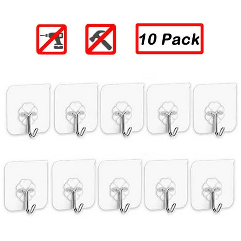 Autrucker Adhesive Hooks Kitchen Wall Hooks- 10 Packs,Nail Free Sticky  Hangers with Stainless Hooks Reusable Utility Towel Bath Ceiling Hooks