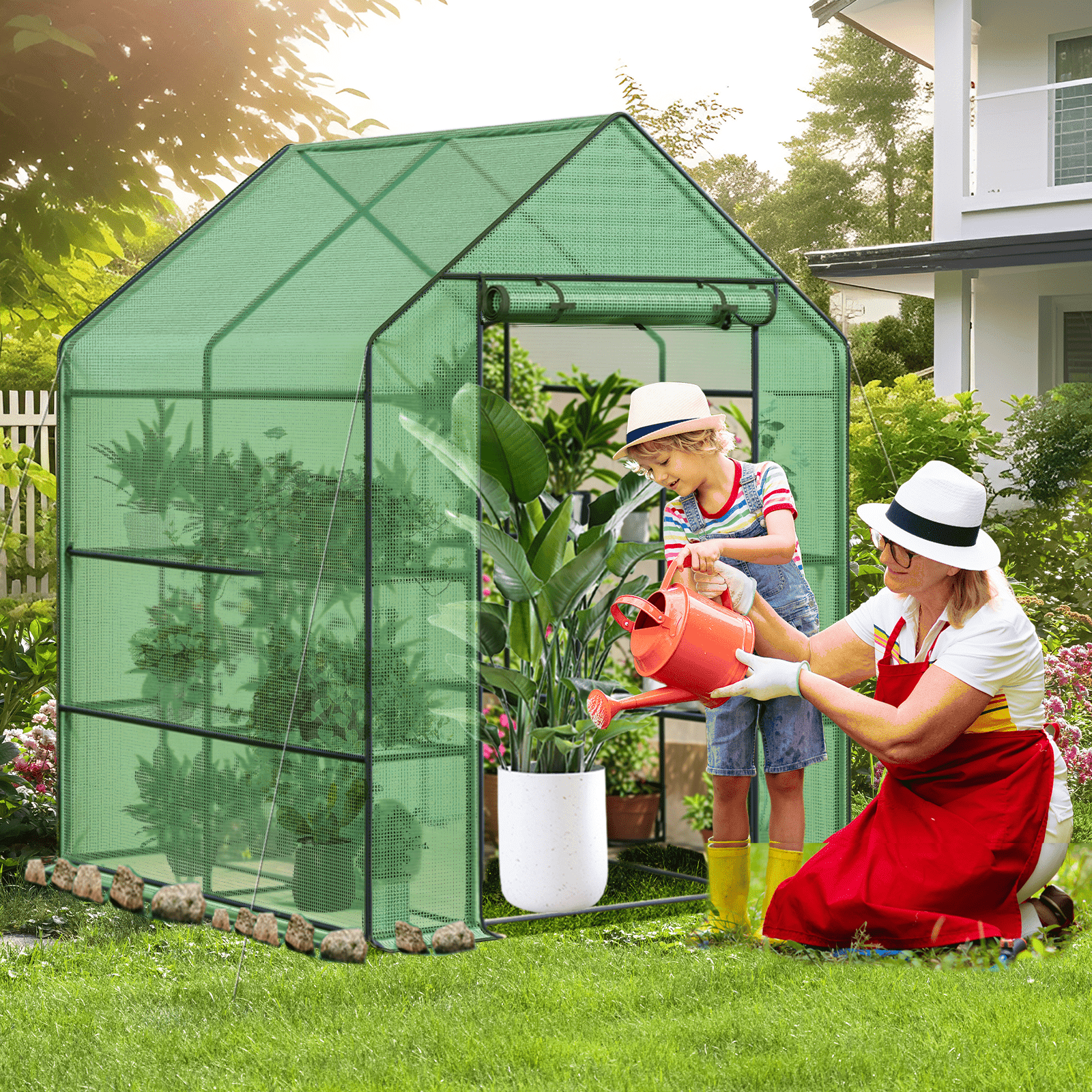 Grezone Small Greenhouse with Anchors and Ropes, 3 Tier 4 Wired Shelves Indoor and Outdoor Greenhouse for Garden/Patio/Backyard/Balcony, Green PE Cover Easy to Assemble