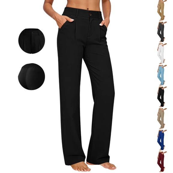 hoksml Women's High Waist Button Fly Straight Leg Dress Pants, Casual Work Trousers with Pockets Black