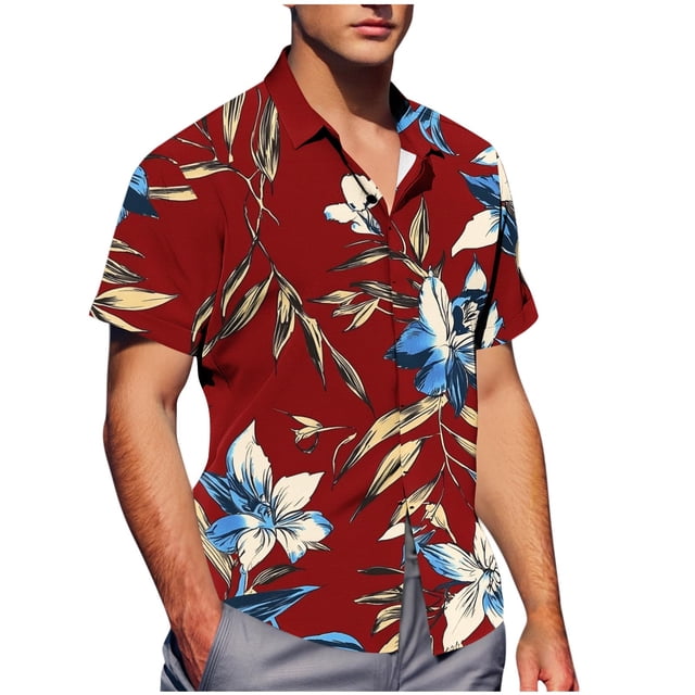 LNWUY Chemises Décontractées à Manches Courtes pour Hommes Chemise de Plage d'Été Imprimée Col à Revers Chemise Texturée Chemise Hawaïenne de Vacances Blouse Rouge TTTG