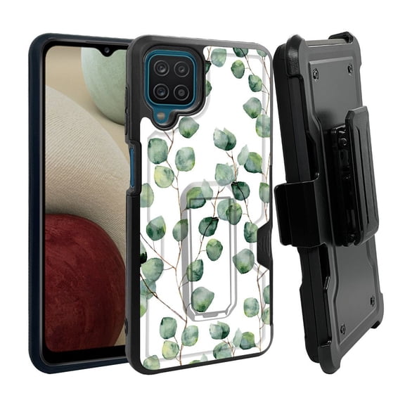 ANJ  Rugged Dual Layer Shockproof Holster Case w/Card Slot, Kickstand   Tempered Glass for Samsung Galaxy A12 - Green Plants