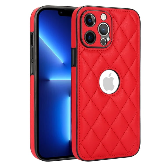 Logo View Design Compatible with iPhone 12 Pro Max Phone Case Luxury Diamond Plaid PU Leather Vintage Slim Non-Slip Soft Grip Shockproof Anti-fall Heavy Duty Protective Case Cover,Red