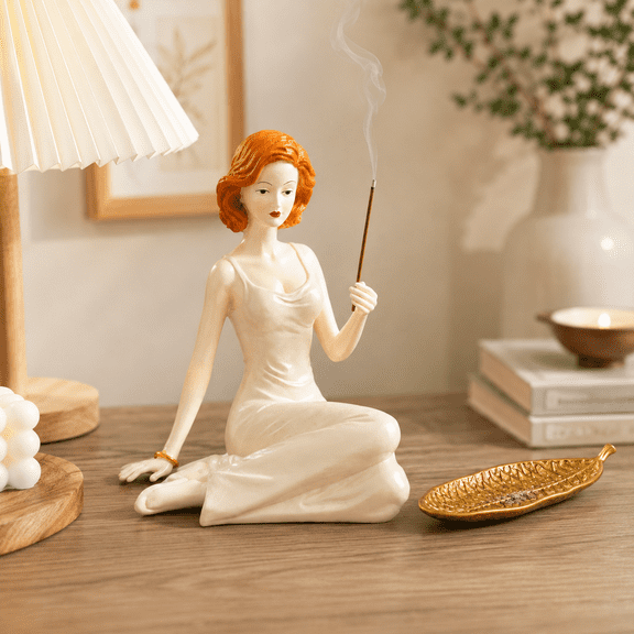 LUMIARTISAN Incense Holder 6.1 inch Woman Figurine Ivory with Gold Tray