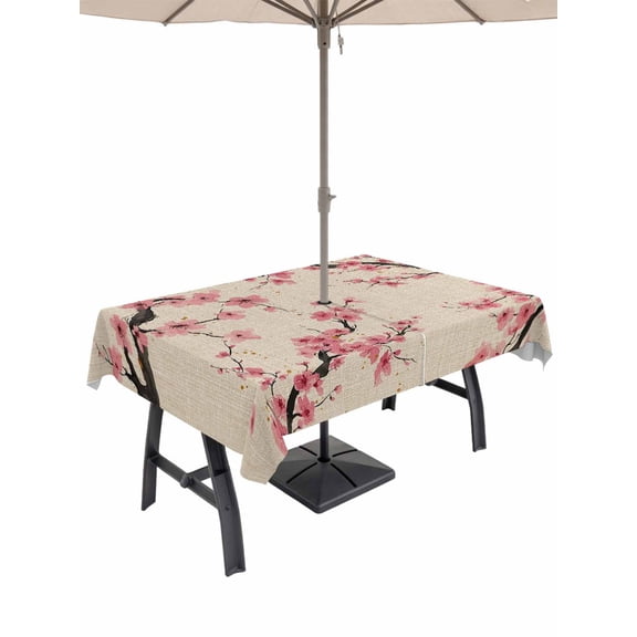 Outdoor Tablecloth with Umbrella Hole for Patio/Picnic/Party/Camping, Spring Flowers Waterproof Table Cloth Rectangle Table Cover Washable, Country Pink Peach Blossoms Botanical Floral (60"x 84")