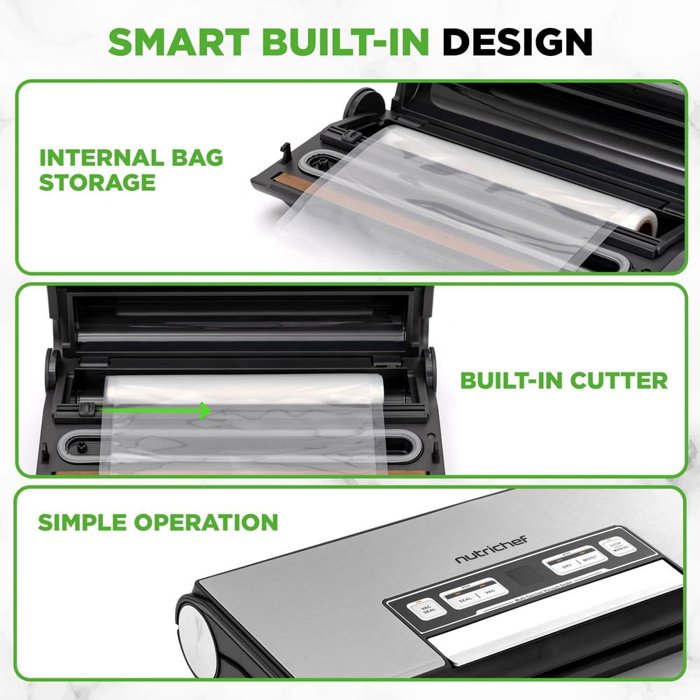 NutriChef Vacuum Sealer Machine – 80kPa Food Vacuum Sealer with Built-in Cutter, Bag Storage, Suction Hose, 1 Bag Roll & 5 Vacuum Bags for Freezer Meal Prep & Portioning (14" x 7" x 3")