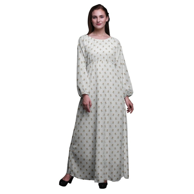 Bimba Robe Maxi à Manches Longues pour Femmes en Georgette Mousse à Imprimé Floral Rose, Taille Élastique - Moyen