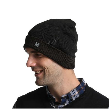 WREESH Men s Solid Color Usb Heating Beanie To Keep Warm Fever Striped Knitting Flip Up Fleece Hat Coffee