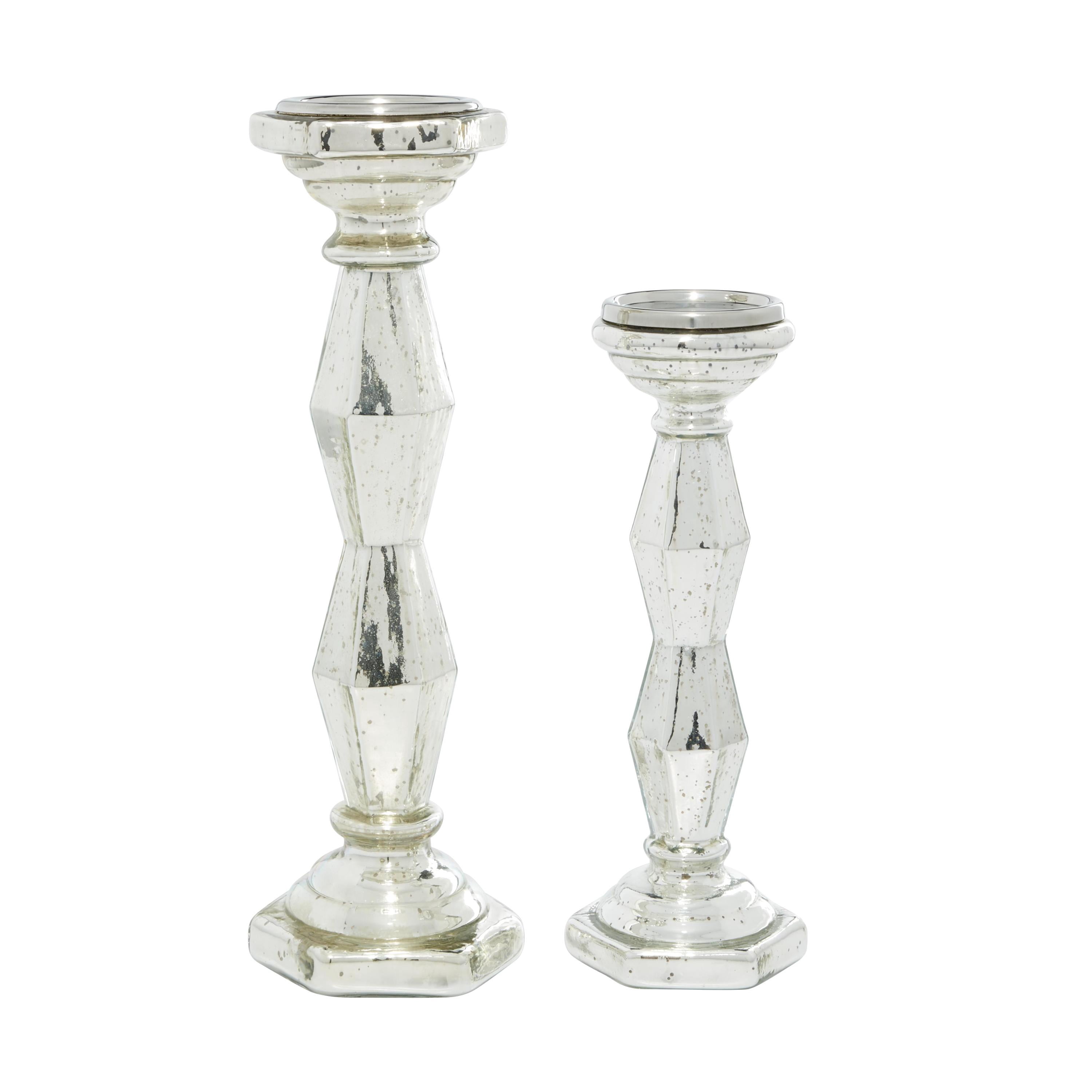 DecMode 2 Candle Silver Glass Candle Holder, Set of 2