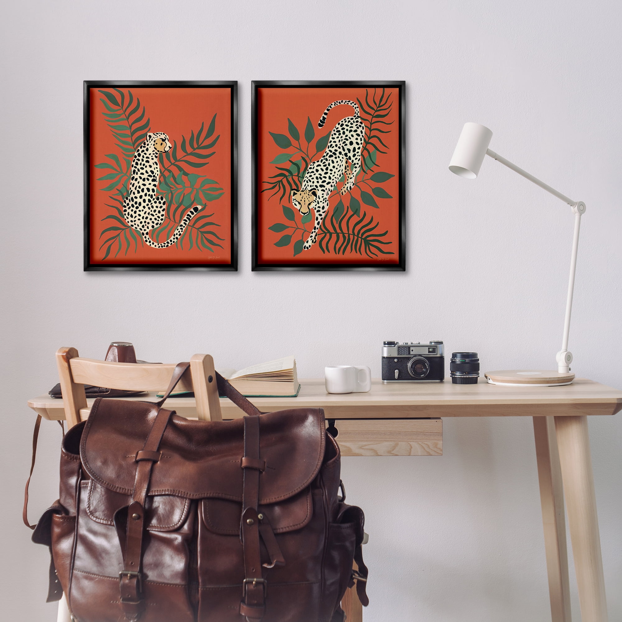 Stupell Industries Sitting Cheetah Prowling Jungle Animals Painting Black Floater Framed Canvas Art Print Wall Art, 17 x 21, Set of 2