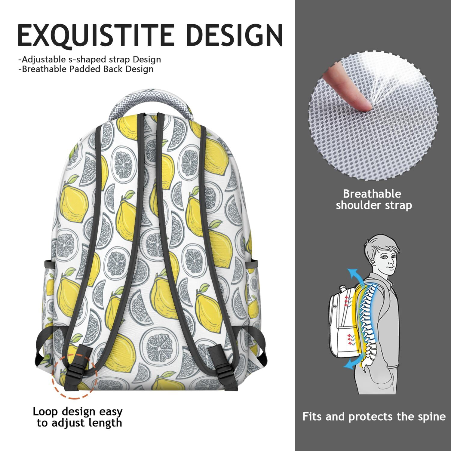 I Love Lemons Backpack - Floral & Fruit Themed Waterproof Bookbag, Breathable Mesh Straps, Padded Back Panel for Spinal Support, Ideal for Commuters
