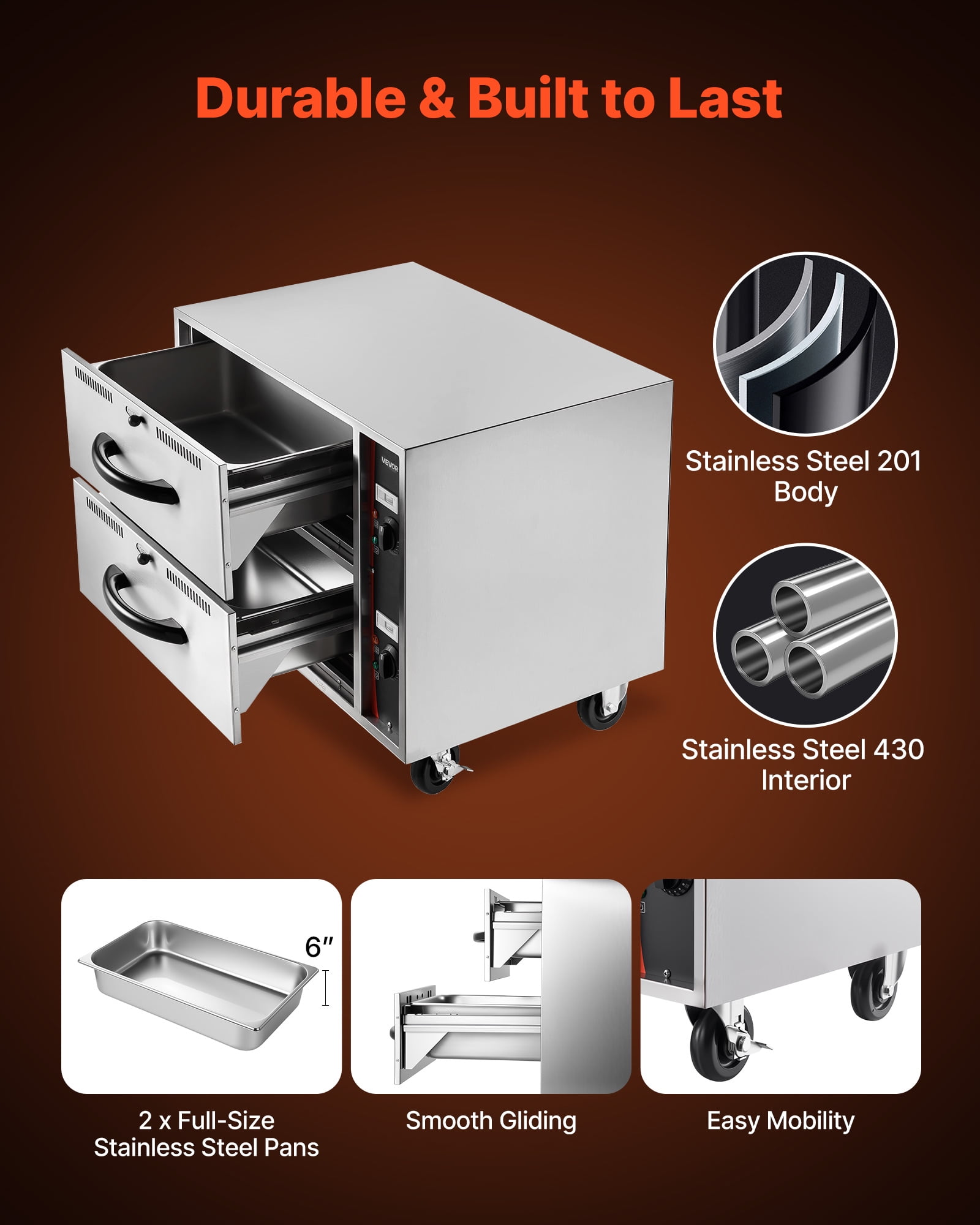 VEVOR Commercial Electric Drawer Warmer, Two-Drawer Stainless Steel Food Warmer, Freestanding Standard Warming Drawer Cabinet, 85°F–185°F Wide Temperature Range, for Restaurant, Hotel Buffet & Bakery