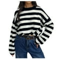 thumbnail image 2 of Aueoeo Womens Cropped Striped Pullover Sweater Crew Neck Long Sleeve Knitted Color Block Casual Sweaters, 2 of 4