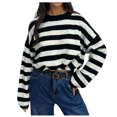 Tbopshirt Womens Sweaters Clearance Under $5,Fall Sweaters for Women,Women's Striped Round Neck Long Sleeved Waist Pullover Sweater,Pullover Tops up to 40% off Fashion