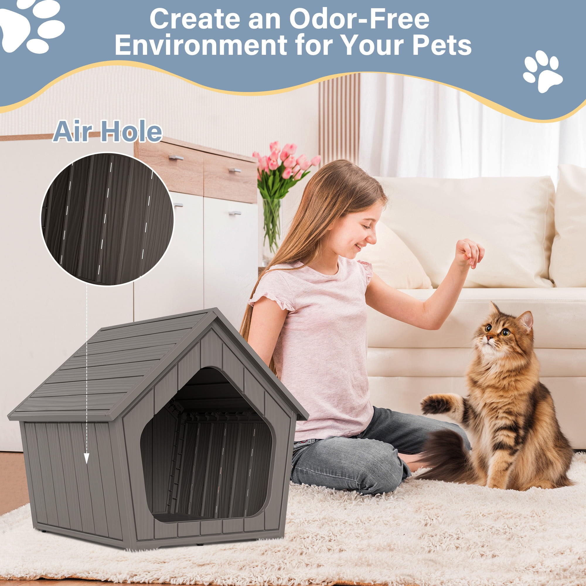 LHBcraft Outdoor Cat House,Weatherproof Resin Cat Shelter for Stray & Feral Cats,Durable All-Season Pet House for Indoor & Outdoor,Gray