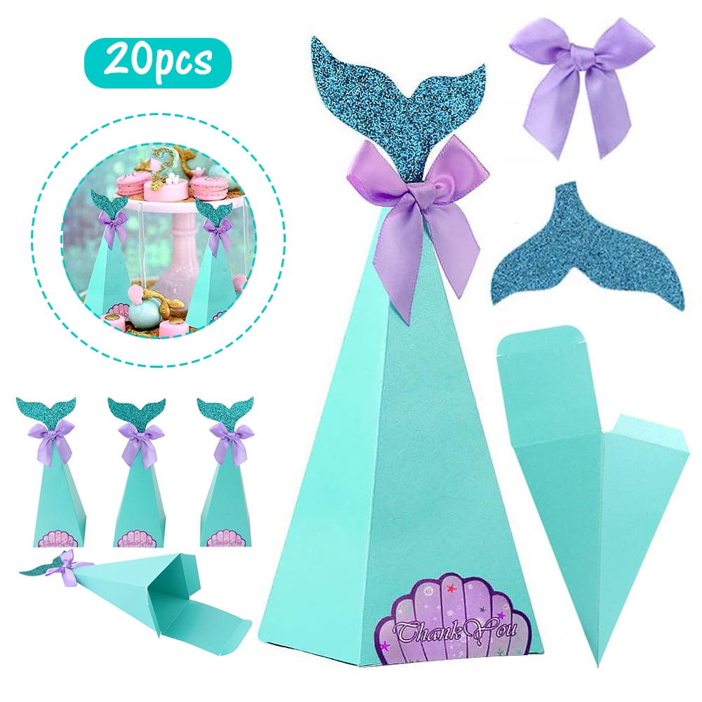 Kids Birthday Pack of 20 Baby Shower Decorations Bridal Shower Under The Sea Mermaid Party Mermaid Party Boxes Mermaid Tail Triangle Paper Candy Boxes for Mermaid Themed Wedding 