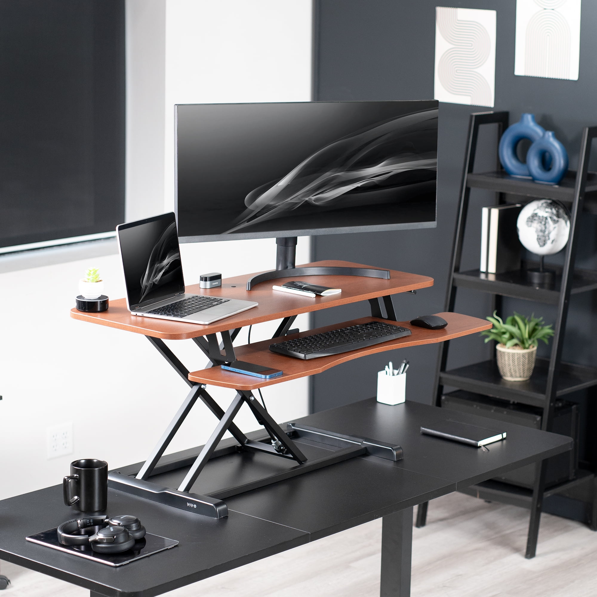 VIVO Adjustable 42" Standing Desk Monitor Riser, Dark Walnut Top, Black Frame