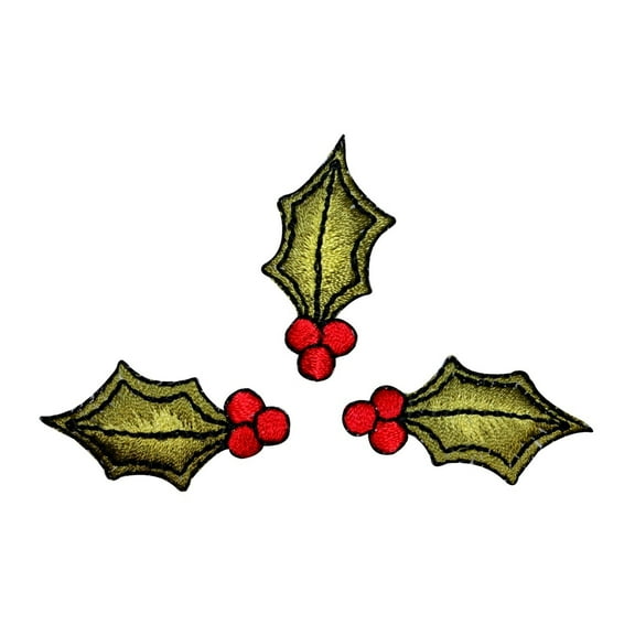 ID 8208B Lot of 3 Holly Leaves With Berries Patches Embroidered Iron On Applique