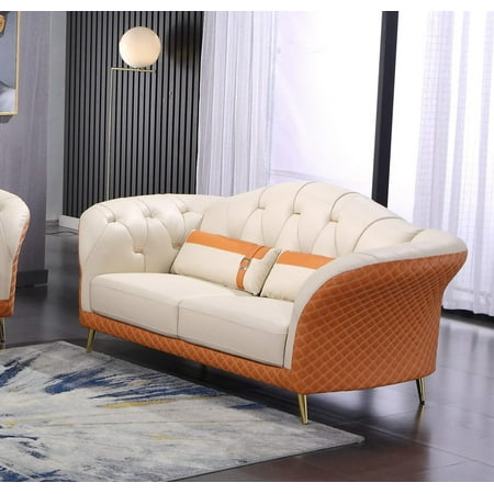 Italian Leather Off White & Orange Loveseat AMALIA EUROPEAN FURNITURE Modern