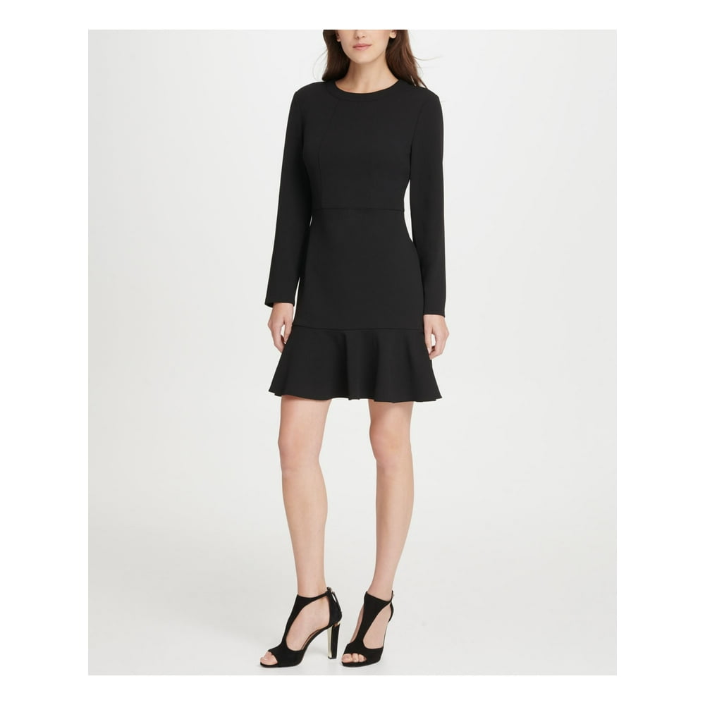 Black Long Sleeve Fit And Flare Dress DKNY - DKNY Womens Black Ruffled Long Sleeve Crew Neck Short Fit