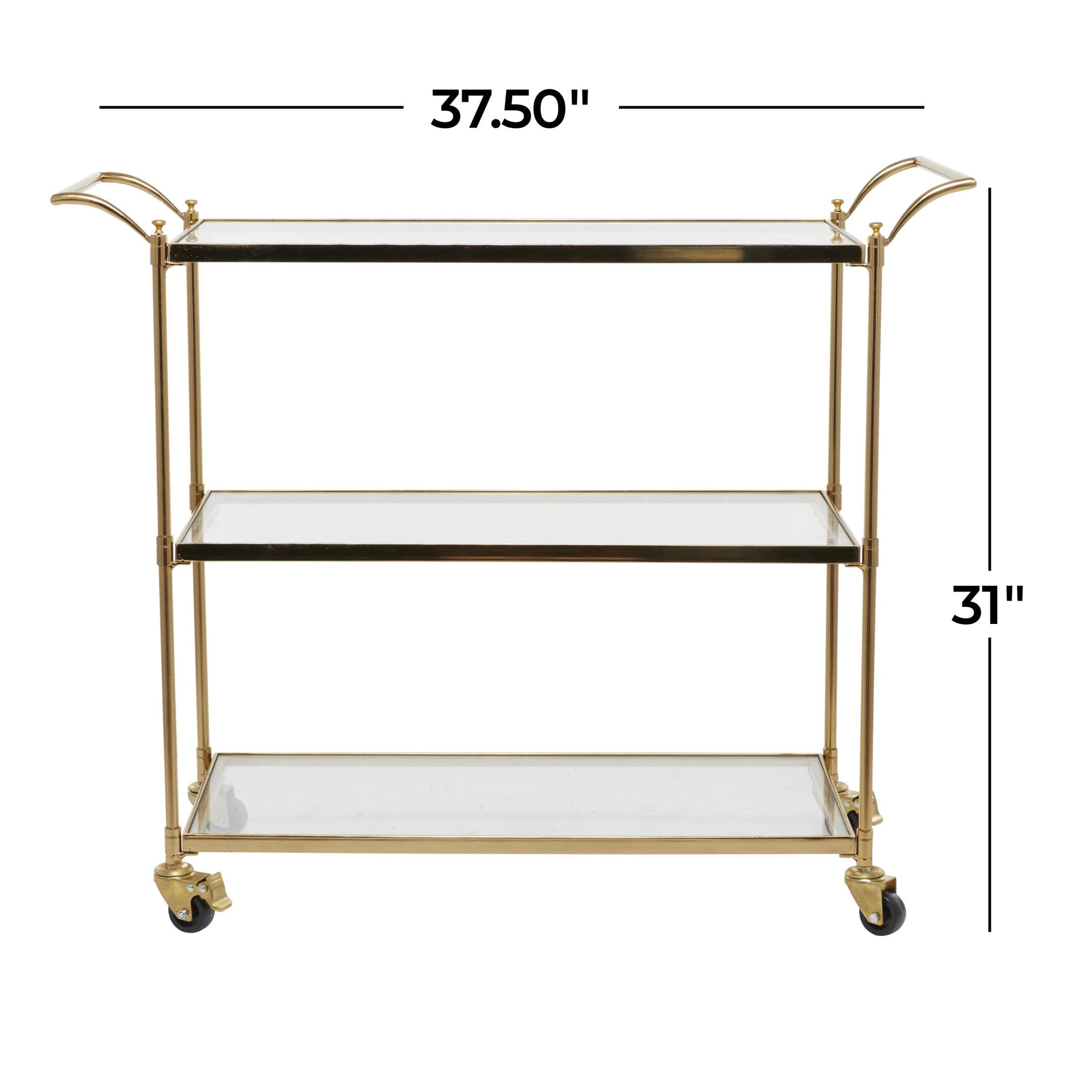 DecMode Traditional 3 Tier Gold Metal Bar Cart with Transparent Glass Shelves, 38"W x 31"H