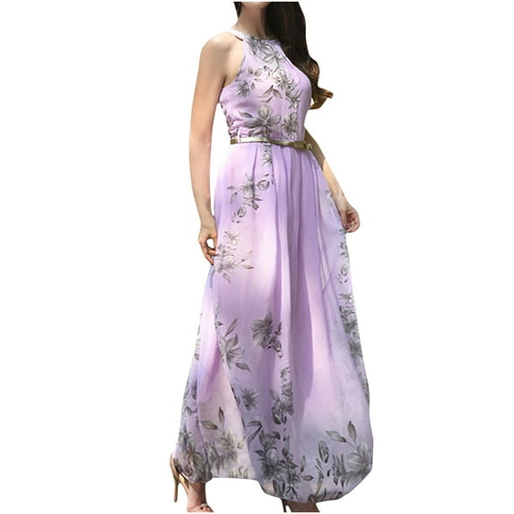 Bigersell Prom Dresses for Women Fashion Women Casual Printed Halter Sleeveless Tie-in Waist Long Dress Big & Tall Ball Gown Dress Style 4226, Female Below the Knee Dresses Purple XXL